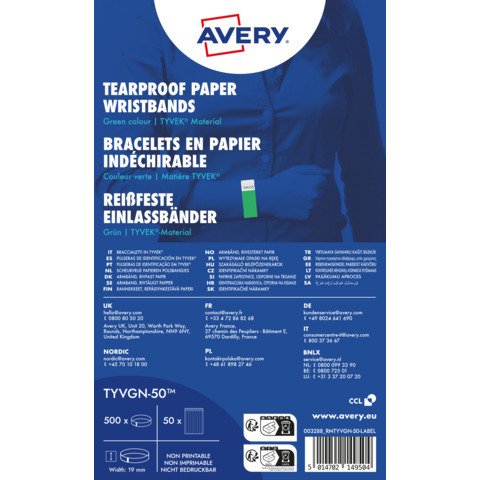 Braccialetti identificativi in Tyvek® Avery resistenti all'acqua - conf. 500 pz - verde fluo - TYVGN-50